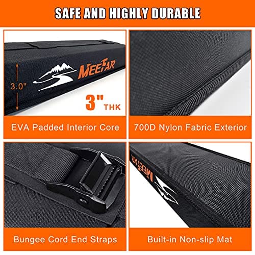 MeeFar Universal Car Soft Roof Rack Pads Luggage Carrier System for Kayak Surfboard SUP Canoe Include 2 Heavy Duty Tie Down Straps, 4 Tie Down Rope, 4 Quick Loop Strap and Storage Bag