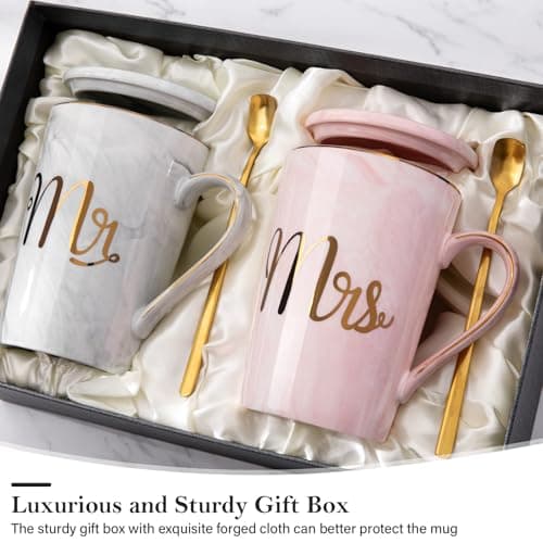 Gifts for Anniversary Bride and Groom, 14oz Ceramic Mr and Mrs Mug Set with Real Gold Foil, Greeting Card, Gift Box Biching Wedding Gifts for Couples 2026, Bridal Shower Engagement Gift B0CF3SG6DX