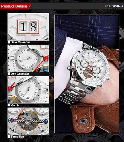 FORSINING Men Tourbillon Mechanical Self-Wind Watch, Day Date Month Full Calendar, Luminous Tachymeter Multifunctional Automatic Watches, Carved Big Dial Stainless Steel Band Wrist Watch