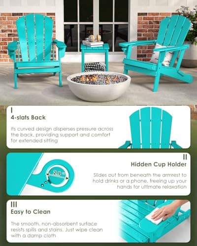 GREENVINES Folding-Adirondack-Chairs-Set-of-2 | w/Cup Holder | HDPE Plastic | All-Weather Patio Fire Pit Chairs | for Outdoor Poolside Deck | Aqua