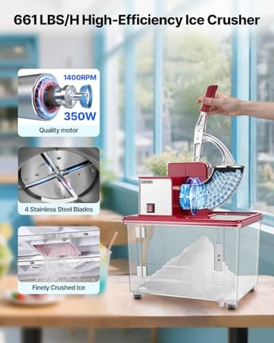 VEVOR Commercial Ice Crusher 661LBS/H, 350W Electric Snow Cone Machine with 4 Blades, 2000RPM Stainless Steel Shaved Ice Machine with 11 Gal Crushed-Ice Box, for Family Restaurants Bars, Red