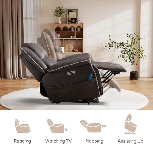 Bonzy Home Power Lift Recliner Chair for Elderly with Massage and Heating, Dual Motor Faux Leather Lift Chair with Spacious Seat, 2 Cup Holders, Adjustable Headrest (Grey Brown)