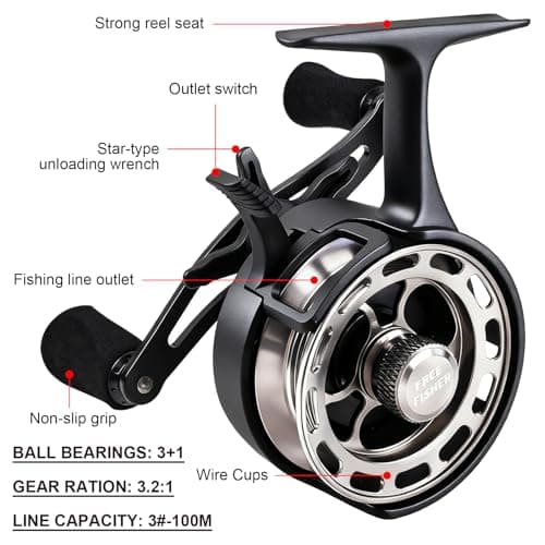 FREE FISHER Ice Fishing Reels 3.2:1 Gear Ratio Ultra Smooth 3+1Ball Bearings Strength CNC-machined Aluminum Inline Ice Fishing Reel with Left/Right Hand Retrieve