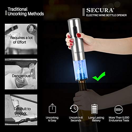Secura Electric Wine Opener, Automatic Electric Wine Bottle Corkscrew Opener with Foil Cutter, Rechargeable (Stainless Steel) B01261VEOG