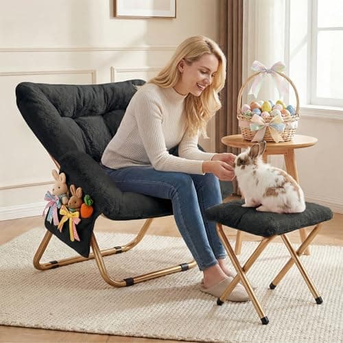Kasunpul Comfy Saucer Chair, Foldable Living Room Chairs, Soft Faux Fur Lounge Chair for Bedroom, Reading Chairs for Adults,Teens, X-Large (Black)