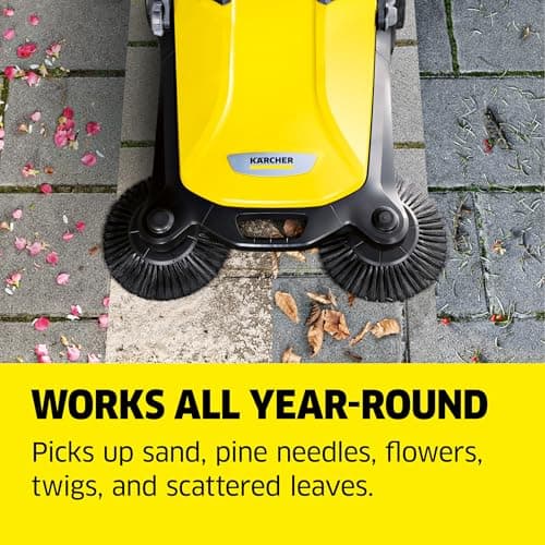Kärcher Walk Behind Outdoor Push Sweeper S 4 Twin for Workshops, Warehouses or Garages - 5X Faster Than a Push Broom, 5.25 Gallon Capacity, 26.8" Sweeping Width