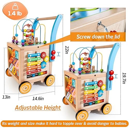 Wooden Baby Walker | Baby Push Walker with 9-in-1 Activity Cube, Sit to Stand Learning Walker Toy with Wheels for Boys Girls, Montessori Activity Center Walker, Adjustable Speed & Height