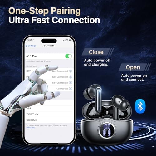 Fhumsh A10 Pro Wireless Earbuds, Bluetooth 5.3 Headphones HiFi Stereo 50H Playback LED Digital Display Ear Buds with ENC Noise Canceling Headset, IPX7 Waterproof Earphones for Gym/Running/Work, Black