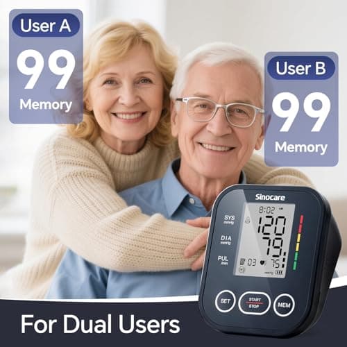 Sinocare Blood Pressure Monitor, Upper Arm Blood Pressure Monitors for Home Use, Adjustable Arm Cuff 8.6"-16.5", One-Button Operation, Dual User, Accurate & Practical (Black)