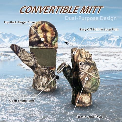 Favuit Camouflage Hunting Gloves Convertible Fingerless Mittens Pro Anti-Slip Windproof Camo Glove Archery Accessories for Hunting Camping Hiking Climbing Outdoors Gear