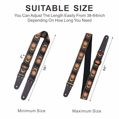 Nefelibata Guitar Strap, Sun & Moon Embroidery Guitar Straps with Head Cowhide Leather Ends for Bass, Electric & Acoustic Guitars, Free Strap Button, 1 Pair Strap Locks and 4 Guitar Picks