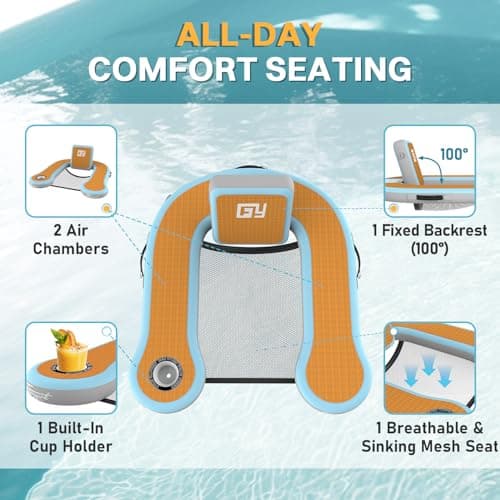 Adults Inflatable Pool Float Chair, Floating Lounger with Cup Holder, 100° Fixed Backrest, Breathable & Sinking Mesh Seat, Inflatable Lounger Float for Swimming Pool/Beach/Lake/Party