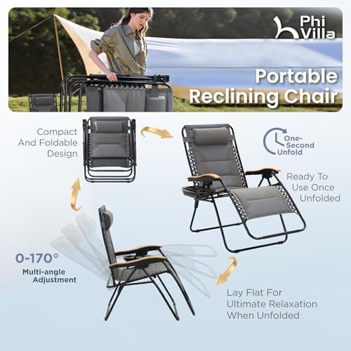 PHI VILLA XXL Oversized Padded Zero Gravity Chair, Foldable Patio Recliner, 30" Wide Seat Anti Gravity Lounger with Cup Holder, Support 400 LBS (Light Gray)
