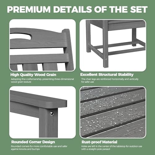 HDPE Outdoor Patio Dining Set with Table & 6 Chairs, All-Weather 7-Piece Outdoor Table and Chairs, 2" Umbrella Hole, Patio Furniture for Garden, Backyard, Deck | Grey