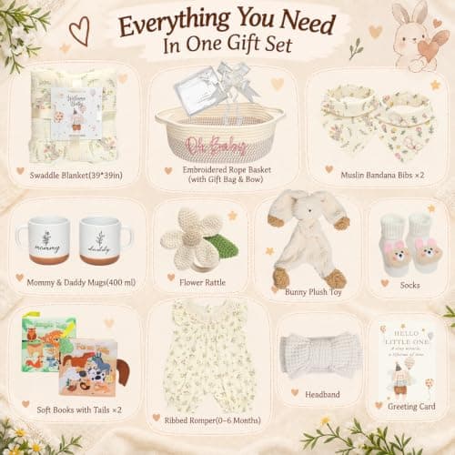Baby Shower Gifts Set with a 0–6M Romper,39-Inch Swaddle,Sensory Books,Bunny Toy,Parent Mugs & Gift Basket Baby Girl Gift Basket,Newborn Baby Girl & New Parents Gift,New Mom Gifts B0H7WPNR2K