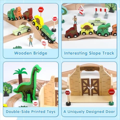 Wooden Train Set, Dinosaur Toys for Kids 3-5, Compatible with Major Brands, STEM Railway Playset, Ideal Wooden Train Track Set for 3 4 5 6 7 8 Year Old Kids Boy Girl