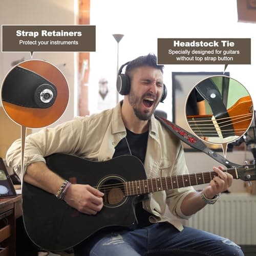 Guitar Strap and Bass Strap, Embroidered Guitar Strap, Adjustable Strap Length, Equipped with 3D Sponge Filled Foam Pad, Comes with 4 Picks + 2 Strap Locks, Best Gift for Guitar Players, Vintage Red