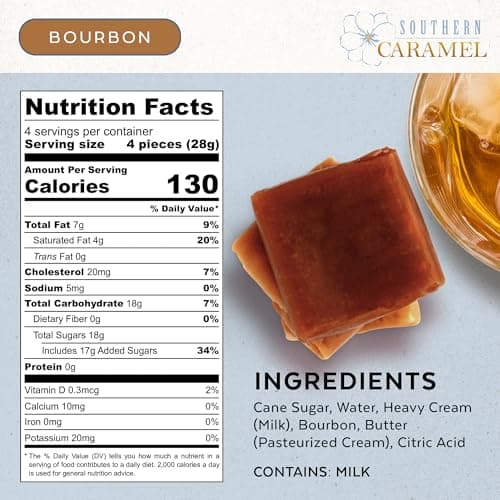 Soft Buttery Gourmet Caramel Candy Infused with Smooth, Top-Shelf Bourbon, Gluten Free, No Corn Syrup, Gift Ready Pieces Southern Caramel Bourbon Caramels, Handcrafted, 4 oz (Pack of 1) B0F3JVKW34