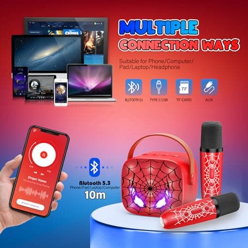 Mini Karaoke Machine Toys Gifts: Kids Toys Christmas Birthday Gifts for 4 5 6 7 8 9 Years Old Girl Boy Stocking Stuffers LED Portable Bluetooth Speaker with 2 Wireless Microphone Girl Gift Age 3-12+