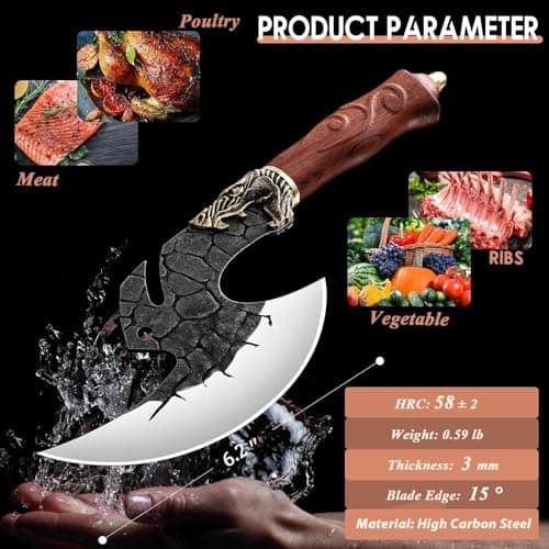ROCOCO Viking Cleaver Knife Butcher Meat Cutting Boning Knife Hand Forged Chinese Kitchen Axe with Sheath Home Outdoor BBQ Camping Chirstmas Birthday Chirstmas Mother Father Gift Men