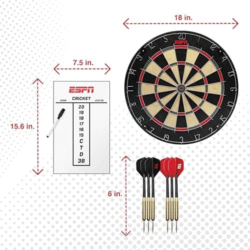 ESPN Dart Board Includes 6 Steel Tip Darts, Bristle Dartboard with Radial Spider Wire and Staple Free Bullseye, Ideal Gifts for Men