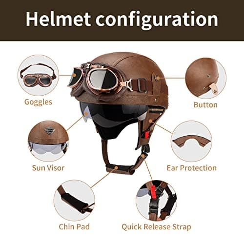 German Style Leather Motorcycle Half Helmet for Adults Men Women, DOT Approved Vintage Cap Half Face Shell Motorcycle Helmets for Cruiser Chopper+Goggles