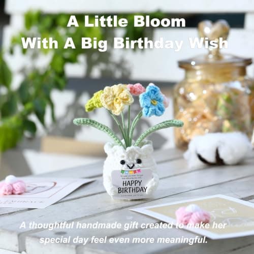 Happy Birthday Message Card, Cute Colorful Handmade Keepsake, Gift for Her, Mom, Best Friend, Sister, Coworker, 4.7 × 2.4 In Crochet Forget Me Not Flower Pot Birthday Gifts for Women B0GXV6J1ZG