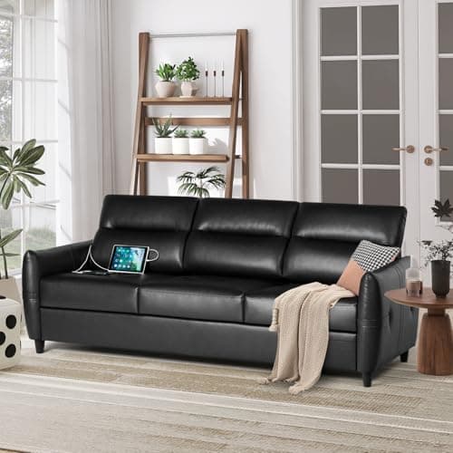 STHOUYN 85” Black Faux Leather Couch with USB, 3 Seater Sofa Couches for Living Room, Large Mid Century Modern Office Apartment Couch (Black)