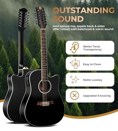 Vangoa 12 String Guitar Acoustic Electric, Upgraded Guitar 12 Strings Bundle for Beginner Intermediate Adults Teens, Guitarra de 12 Cuerdas, Spruce Top Bone Nut, Black, Matte