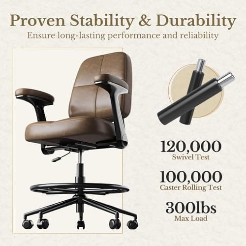 Drafting Executive Chair, Tall Office Chair with Padded Flip-Up Armrests, Mid-Back Cushioned Seat, 360° Swivel Rolling Computer Desk Chair for Standing Desk & Home Office, Vintage Brown