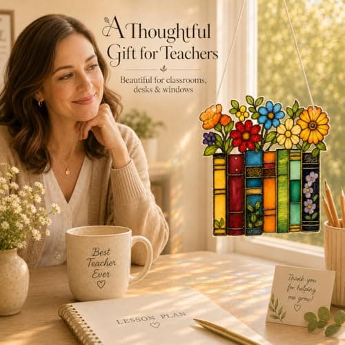 Book Lovers Gifts for Women, Book Ornament Faux Stained Glass Window Hanging, Bookish Gifts for Teacher, Librarian, Reader, Bookworm, Christmas Stocking Stuffer Tree Decorations (Floral Shelf)