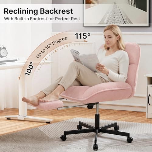 Criss Cross Office Chair with Foot Rest, Thick Cushioned Cross Legged Office Chair, Armless Wide Seat Reclining Desk Chair, Height Adjustable Criss Cross Chair for Home Office,Vanity, Pink