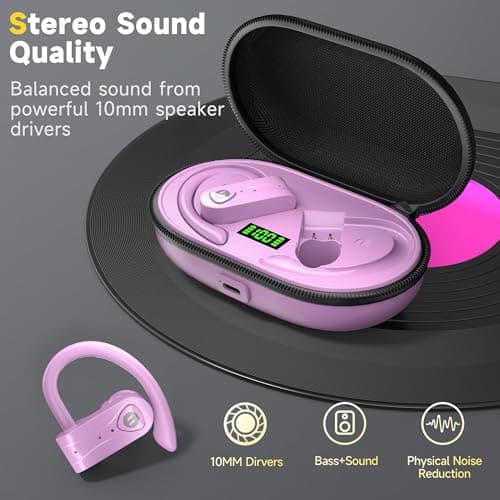Bluetooth Headphones Noise Canceling 4 Mics Clear Call Stereo Bass Sound 60H Playtime Wireless Charging Case Over Ear Earphones LED Digital Display Headset with Earhooks for Sports Running Workout Gym
