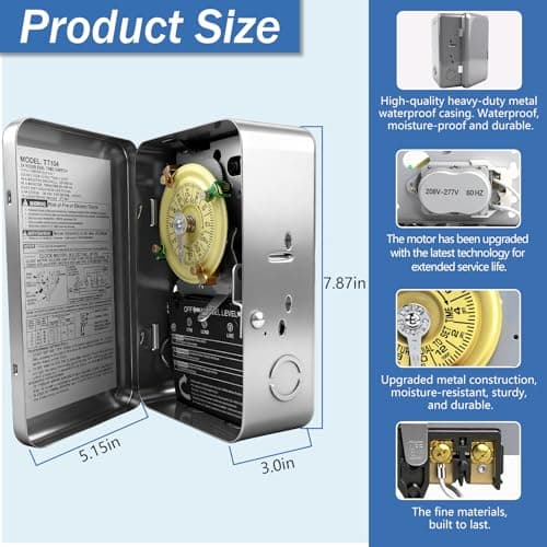T104 Mechanical Timer Switch, 208–277 VAC 40 Amp,Pool Pump Switch, 24 Hour 12 ON/Off for Pump, Heavy Duty Pool Timers Outdoor, Timer for Lights HVAC Systems, 5 Years Warranty