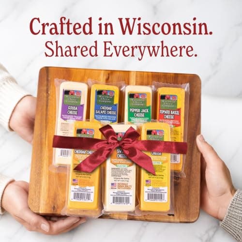 Wisconsin Cheese Company - Specialty 100% Wisconsin Cheese Block Assortment Sampler - (Pack of 7 Blocks) Cheddar, Pepper Jack, Swiss, Gouda, Salami, Smoked Cheddar & Tomato Basil | Locally Sourced | Perfect for Parties, Charcuterie Boards and Birthday Gifts | Great Birthday Gift for Cheese Lovers