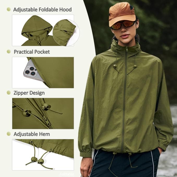 Yousify Womens Waterproof Rain Jackets Lightweight Zip Up Raincoat Outdoor Hiking Hooded Windbreaker with Pocket