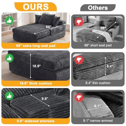 WEUP 69" Indoor Chaise Lounge, Oversized Corduroy Upholstered Armless Sofa Bed, Deep Seat Sleeper Reading Chair, Cloud Sofa for Living Room Bedroom Apartment, No Assembly Required (Gray)