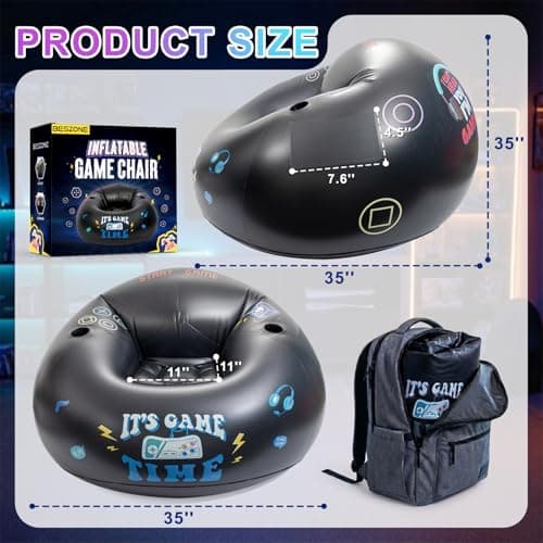 Inflatable Gaming Chair for Kids and Teens with Cup Holders and Side Pocket, Blow Up Bean Bag Gaming Chair for Boys, Comfortable Inflatable Lounge Seat for Gamer Room Decor and Boys Room Furniture