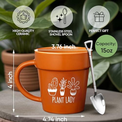 VELENTI Plant Pot Mug - Plant Lover Mug with Metallic Shovel Ornament - Fancy Gifts for Women, Men - Birthday Gift for Women - Cute Gifts for Mother's Day, Christmas B0D4VPCZ3K