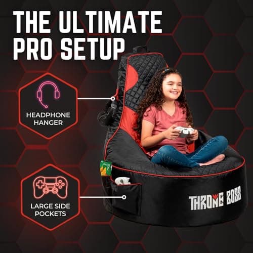 Throne Boss Gaming Bean Bag Chair Cover for Adults with High Back, Red – Large Floor Gaming Chair Cover, Easy to Clean Fabric, Large Pockets, Headphone Hanger, Requires 350 Liters Polystyrene Beans