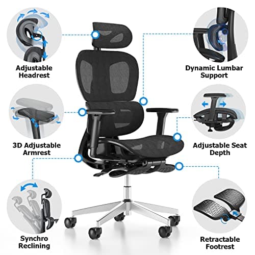 PatioMage Ergonomic Office Chair with Footrest, Big and Tall Desk Chair with Adjustable Lumbar Support, Seat Depth & 3D Armrests, High Back Mesh Computer Chair for Home Office, Black