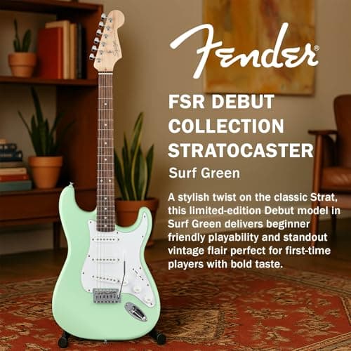 Fender Squier Stratocaster Electric Guitar - Surf Green Bundle with Amplifier, Gig Bag, Cable, Strap, Picks, and Austin Bazaar Instructional Video