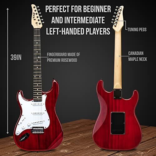 LyxPro CS 39” Left Hand Electric Guitar Kit for Beginner, Intermediate & Pro Players with Guitar, Amp Cable, 6 Picks & Learner’s Guide, Solid Wood Body, Volume/Tone Controls, 5-Way Pickup - Red