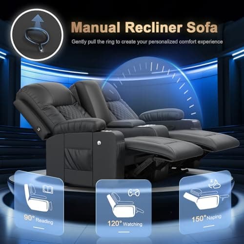 Loveseat Recliner Sofa, Home Theater Seating with Center Console, Reclining Loveseat RV Couch with USB Ports & Phone Holders, Wall Hugger RV Sofa Furniture with Storage & Pocket