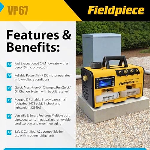 Fieldpiece VP67 Vacuum Pump – 6 CFM, 1/2 HP DC Motor, RunQuick Oil Change System – Portable - Professional HVAC Tool - A2L Compatible