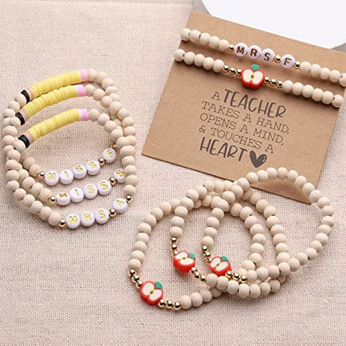 Personalized Teacher Bracelet for Women, 2 Pcs Initial Mrs Miss Ms Teacher Appreciation Gifts With Card From Student Friends, Thank You TEACH Gift for Women
