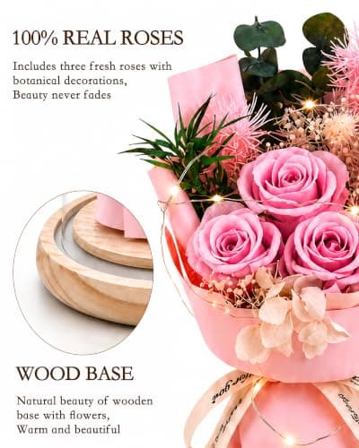 HVY Preserved Flowers Gifts for Her,Preserved Rose Bouquet in Glass Dome,Forever Flowers Fresh Bouquet Present for Women Mothers Day Birthday Gifts for Mom Wife Grandma,Pink Real Rose B0CQKXRQWD