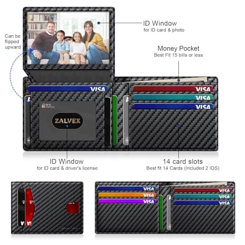 14 Cards Bifold Minimalist Thin Wallet with 2 ID Windows & Cash Slot Front Pockt Carteras Para Hombres Birthday Gifts for Men ZALVEX Wallet for Men Slim RFID Blocking Leather Credit Card Holder Wallet B0FPQ5H6BT
