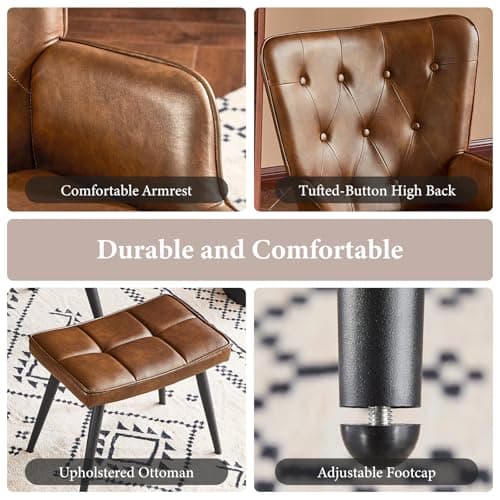 Furniliving PU Leather Accent Chair with Ottoman, Upholstered Reading Chair with High Backrest, Tufted-Button Wingback Armchair for Bedroom, Dressing Room, Home Office, Brown