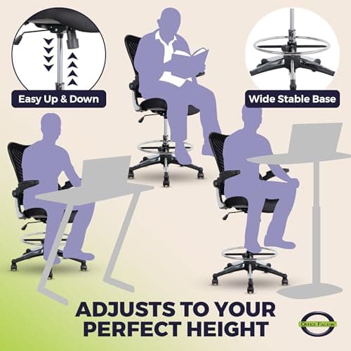 OfficeFactor 300 Lbs Tall Drafting Chair with Adjustable Foot Ring & Flip-Up Arms – Ergonomic Standing Desk Chair, Breathable Mesh Office Chair for Tall Desks, Counter Height & Reception(Black)